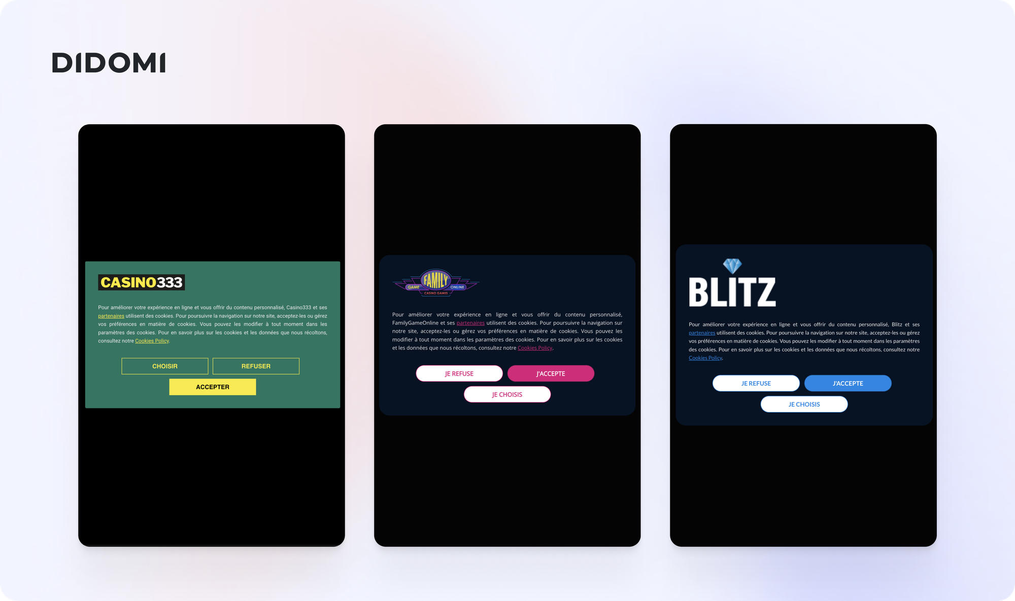 A visual of three consent banners : Casino333, Family Casino Games and Blitz. 