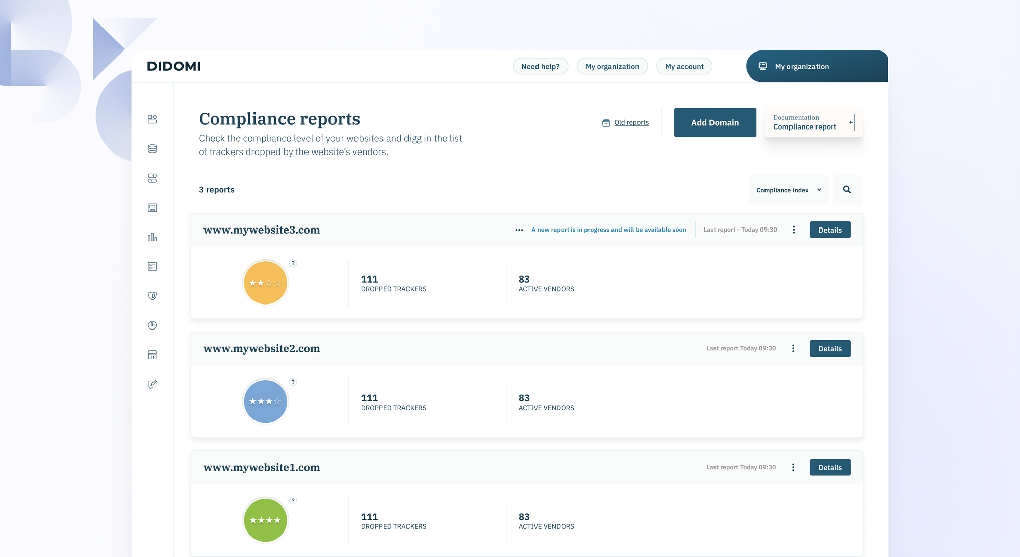 A mockup of Didomi's compliance report, showcasing example of a report page with website name, numbers of trackers dropped, and active vendors