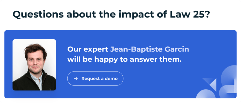 The title "Quesions about the impact of law 25?" on top of the image introduces a blue square with the picture of a smiling man and the word "Our expert Jean-Baptiste Garcin will be happy to answer them", with a button saying "Request a demo"