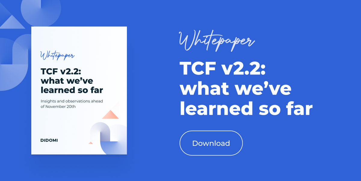 Image showing Didomi's whitepaper on TCF v2.2, with the word “Whitepaper" and the title "TCF v2.2: what we've learned so far" along with a "Download" button.