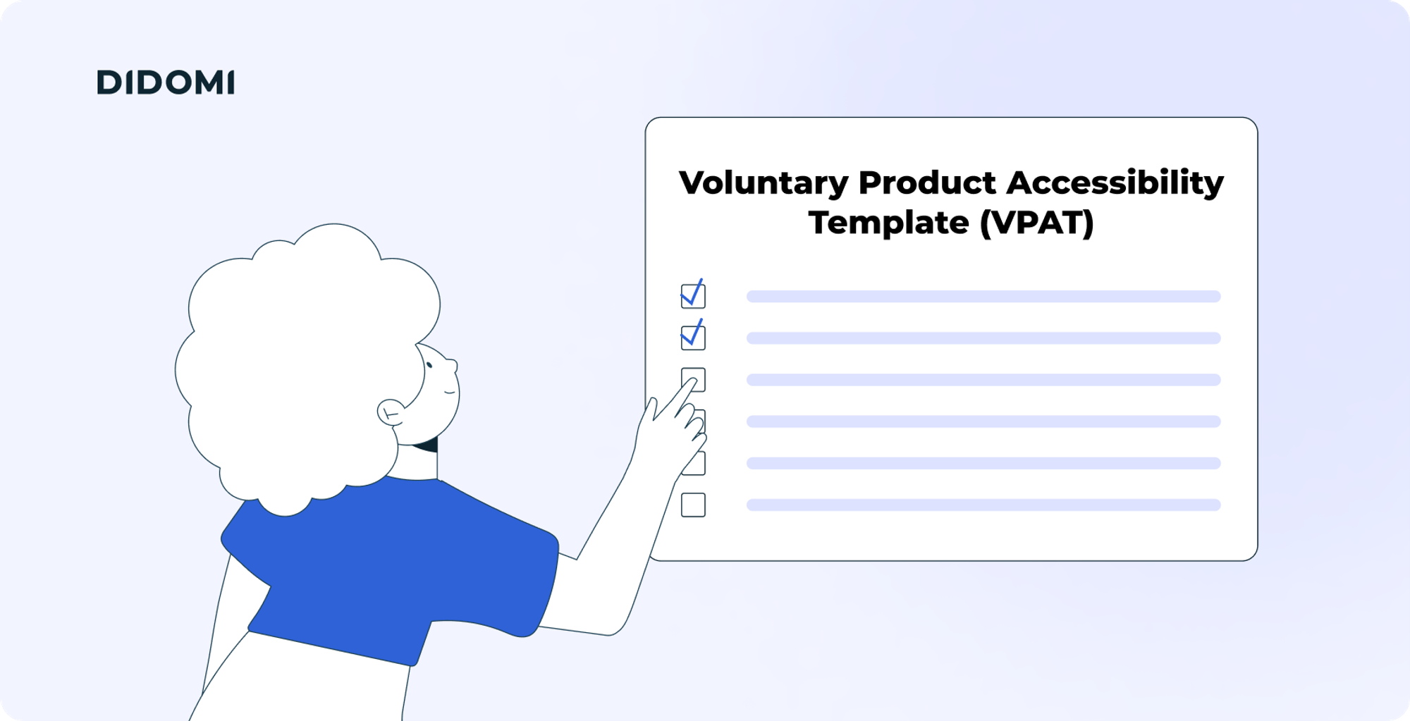 A drawing of a character with voluminous hair ticking boxes in a checklist called "Voluntary Product Accessibility Template (VPAT)"