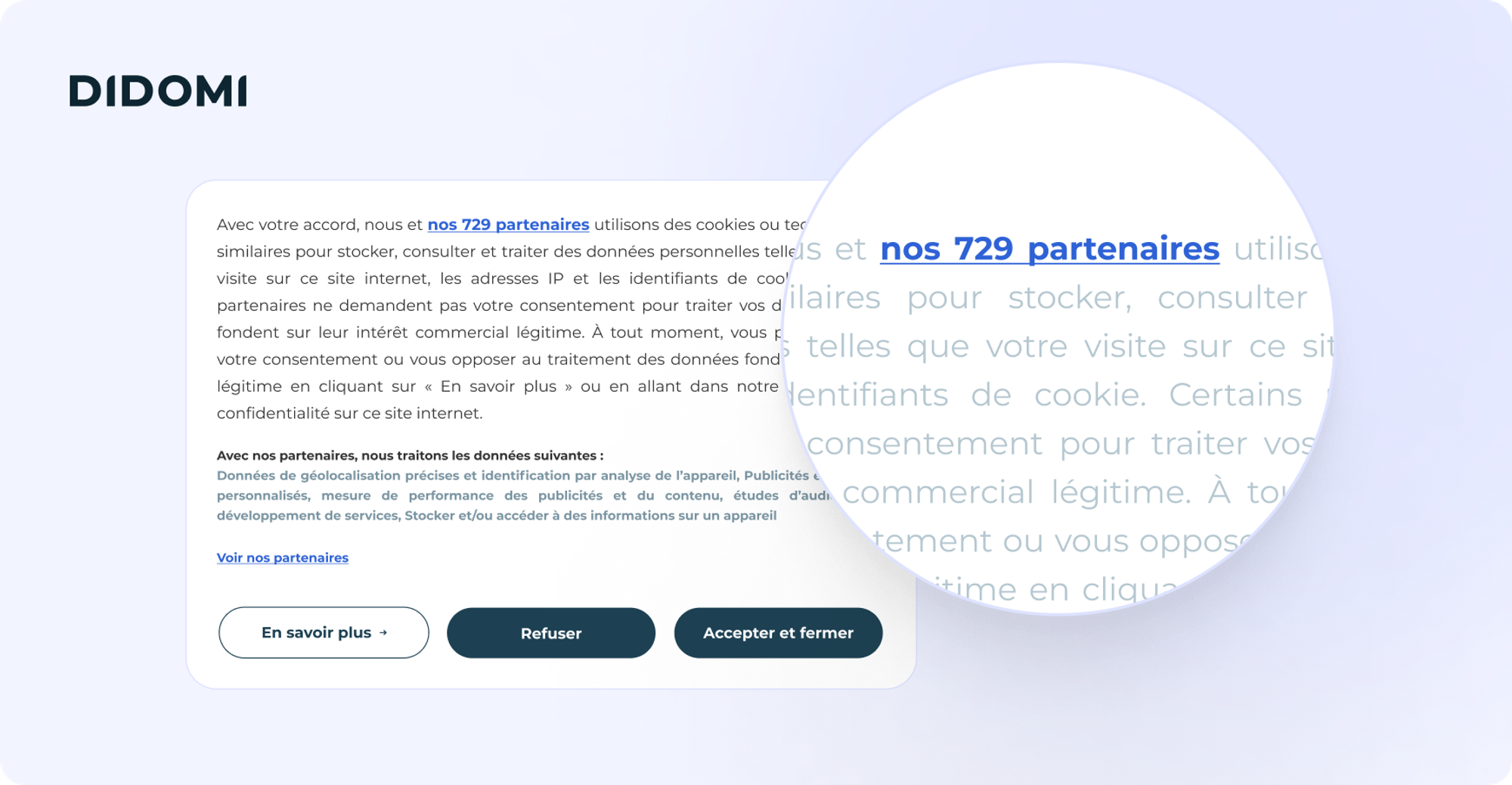 Représentation du premier niveau d'une bannière de consentement, avec un zoom sur la section mentionant le nombre de vendors d'un bleu vif: "nos 729 partenaires"