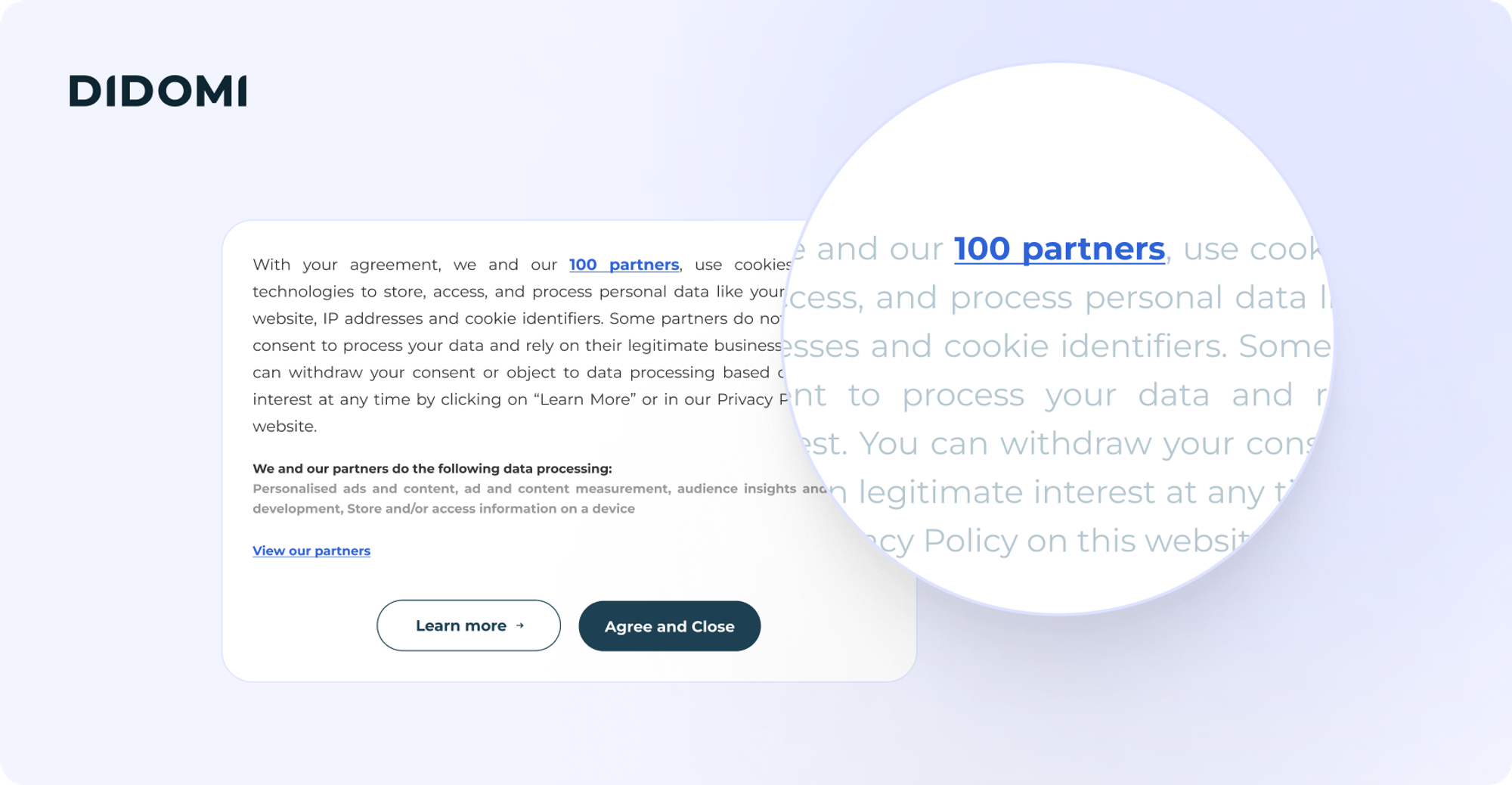 mockup of a consent banner with a zoomed in circle on the section of the text mentioning "100 partners" in bright colors