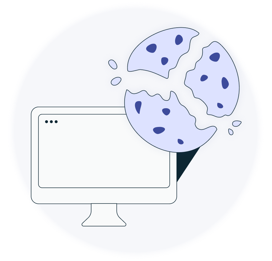 Le dessin d'un ordinateur devant lequel se trouve un cookie cassé, accompagné du titre "la fin des cookies tiers" et de la mention "actus privacy"