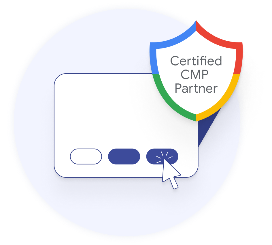 On the left side of the image is a mockup of a consent banner with a badge saying "Google certified CMP". On the left, the mention "Industry news" is accompanied by the title "Understanding Google new CMP requirements".