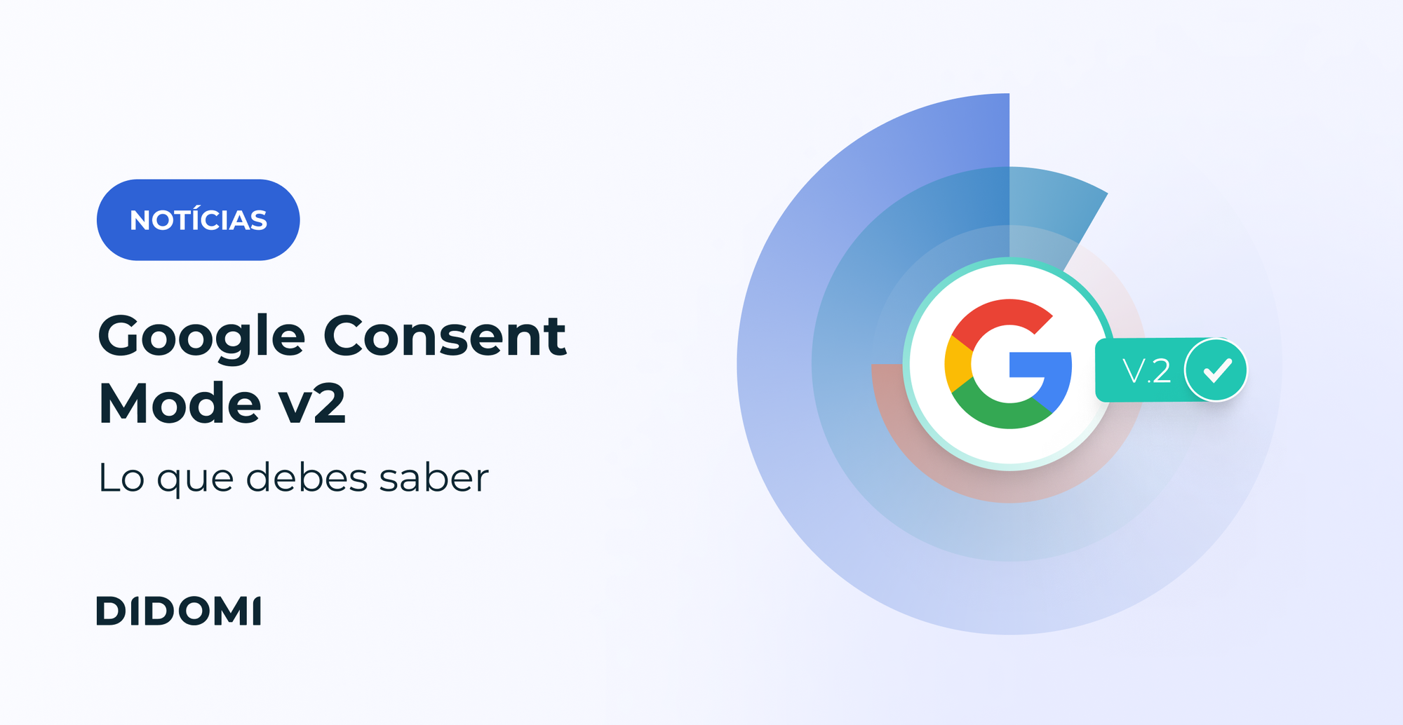 A la derecha de la imagen, el logotipo de Google acompañado de la mención "V2". A la izquierda, una insignia que dice "Noticias" con el título "Google Consent Mode V2" en negrita.