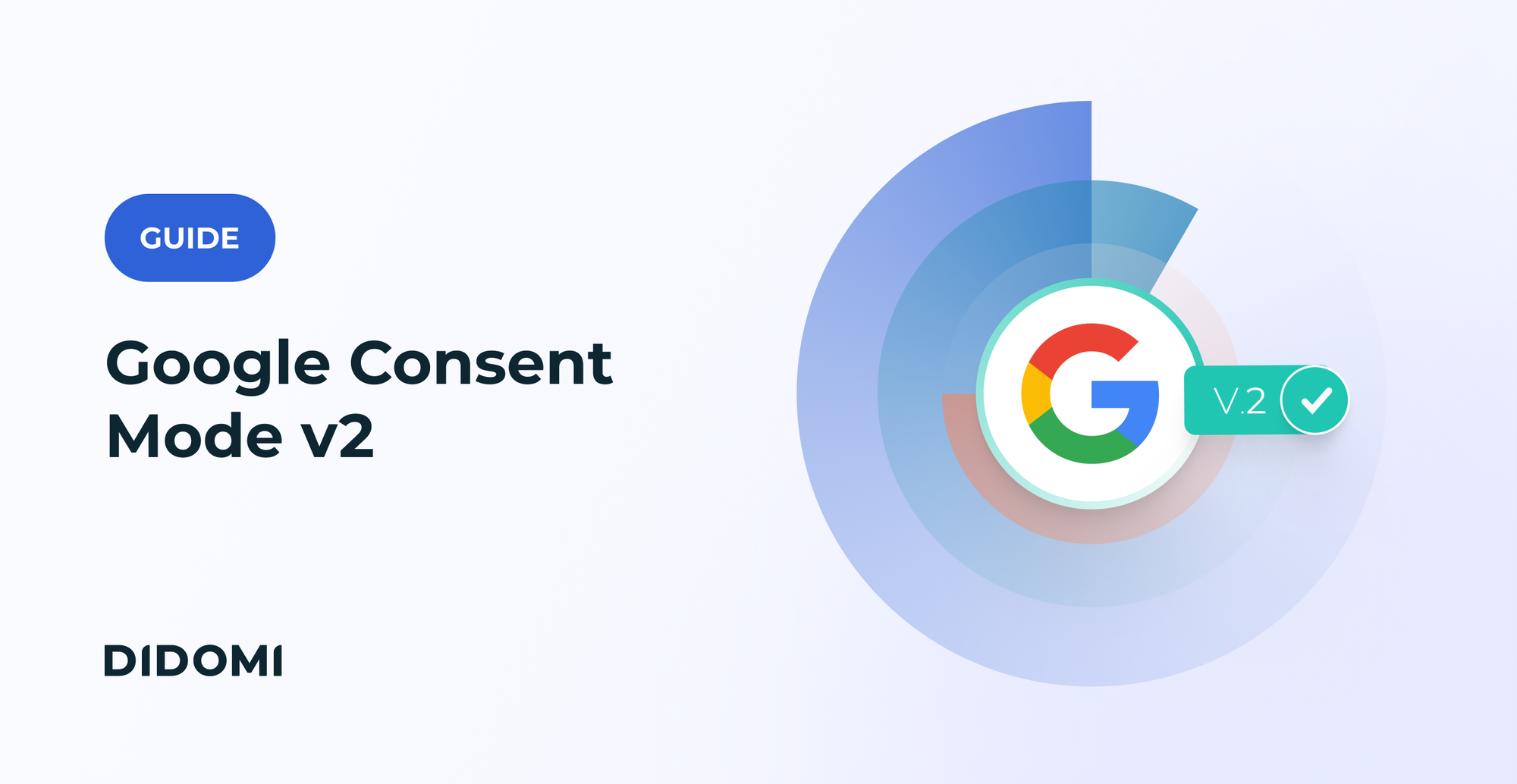Sur le côté droit de l'image, le logo de Google accompagné de la mention "V2". À gauche, un badge indiquant "Guide" avec le titre "Google Consent Mode V2" en caractères gras.