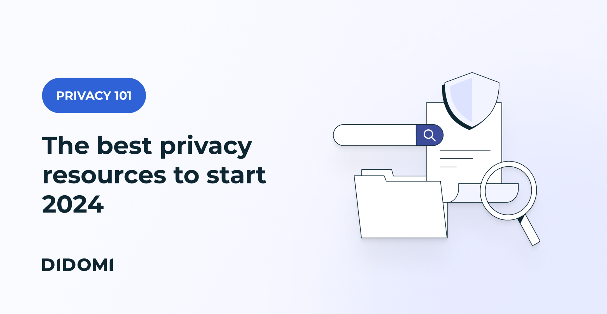 On the right side of the image, a drawing of a folder, documents and a magnifying glass. On the left, the mention "Privacy 101" and the title "The best privacy resources to start 2023"